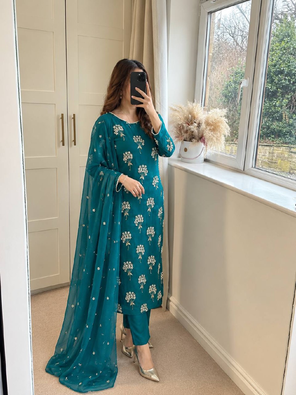 Samaira Heavy Chinon Embroidered Long Top Pant Suit with Moti Latkan Work