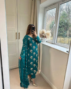 Samaira Heavy Chinon Embroidered Long Top Pant Suit with Moti Latkan Work