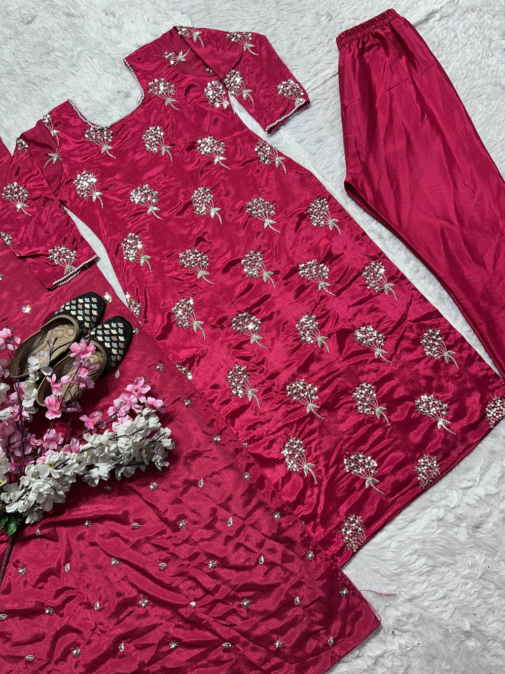 Samaira Heavy Chinon Embroidered Long Top Pant Suit with Moti Latkan Work
