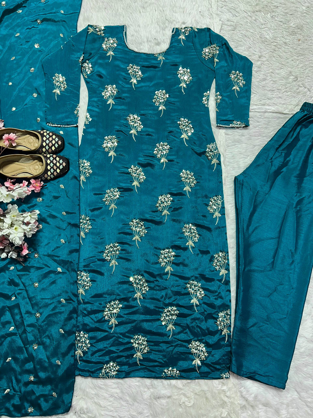 Samaira Heavy Chinon Embroidered Long Top Pant Suit with Moti Latkan Work