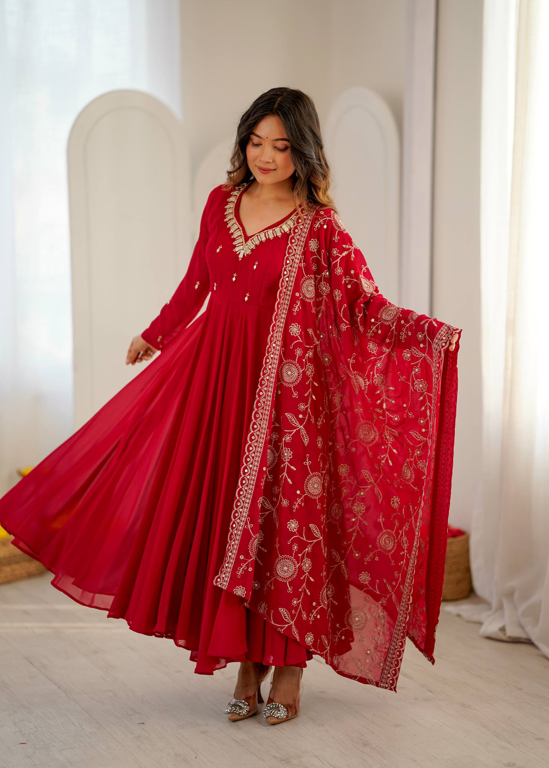 Mrunalini Faux Georgette Khatli Work Gown with Bottom & Embroidered Dupatta Set