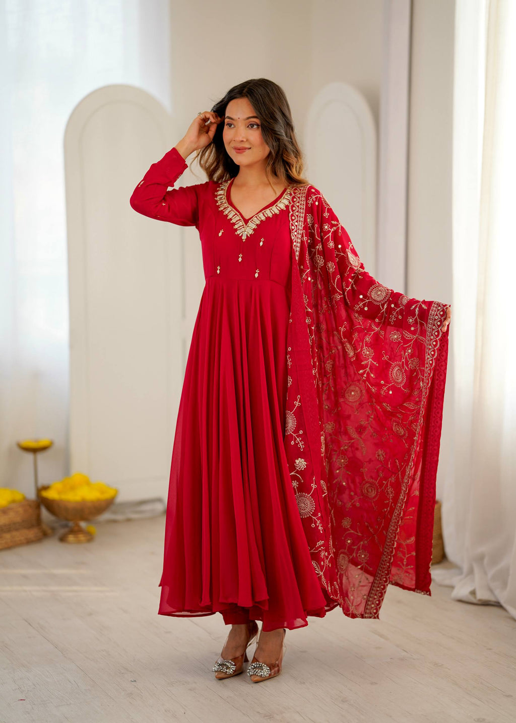 Mrunalini Faux Georgette Khatli Work Gown with Bottom & Embroidered Dupatta Set