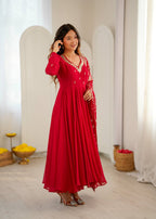 Mrunalini Faux Georgette Khatli Work Gown with Bottom & Embroidered Dupatta Set