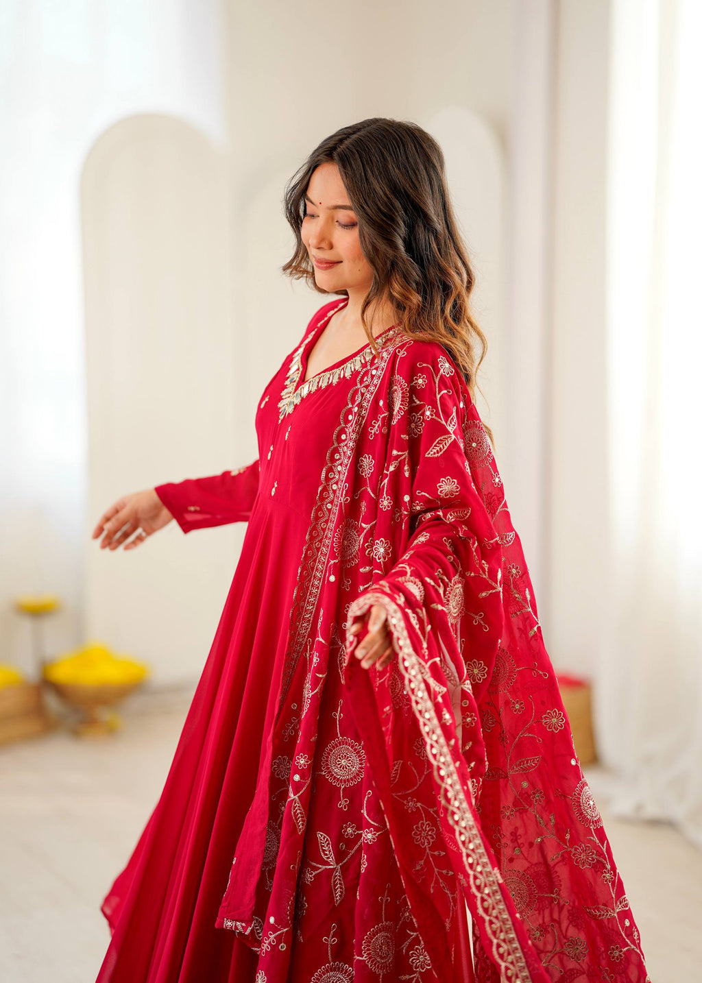 Mrunalini Faux Georgette Khatli Work Gown with Bottom & Embroidered Dupatta Set