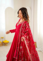 Mrunalini Faux Georgette Khatli Work Gown with Bottom & Embroidered Dupatta Set