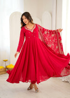 Mrunalini Faux Georgette Khatli Work Gown with Bottom & Embroidered Dupatta Set