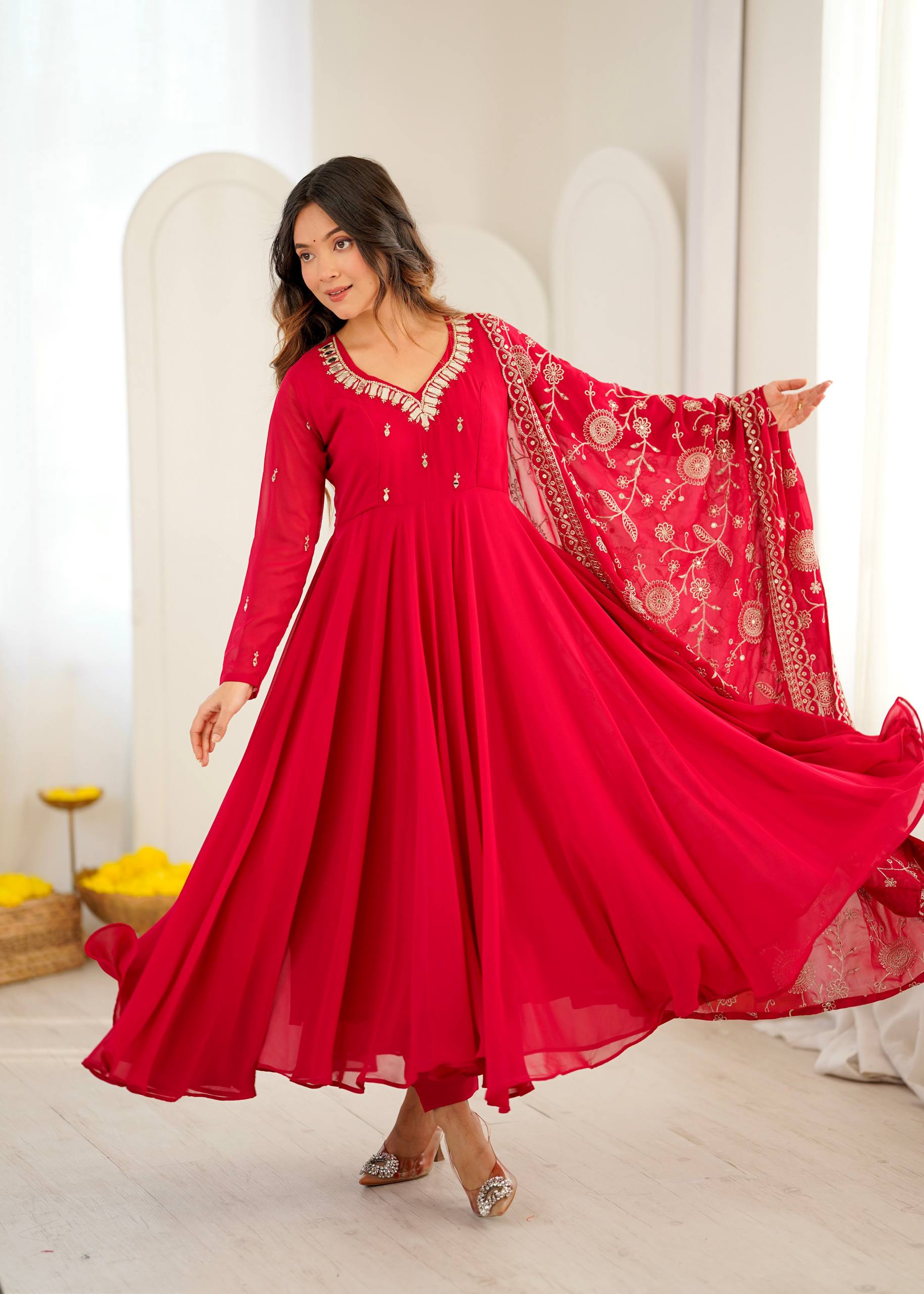 Mrunalini Faux Georgette Khatli Work Gown with Bottom & Embroidered Dupatta Set