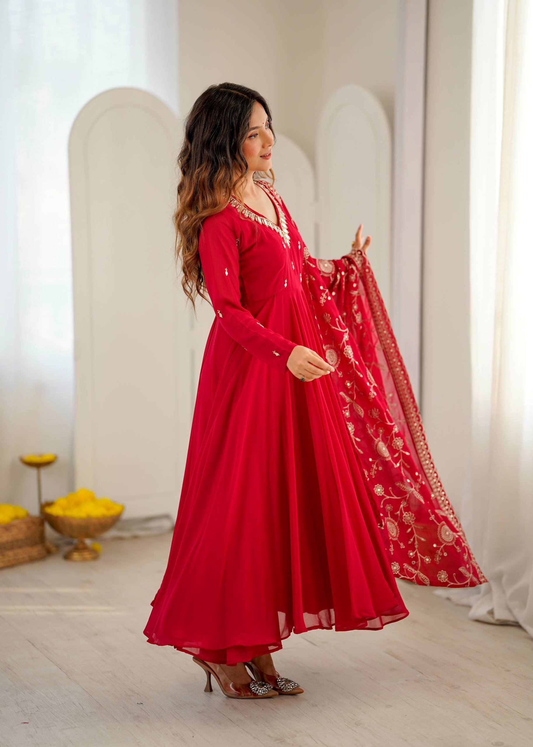 Mrunalini Faux Georgette Khatli Work Gown with Bottom & Embroidered Dupatta Set