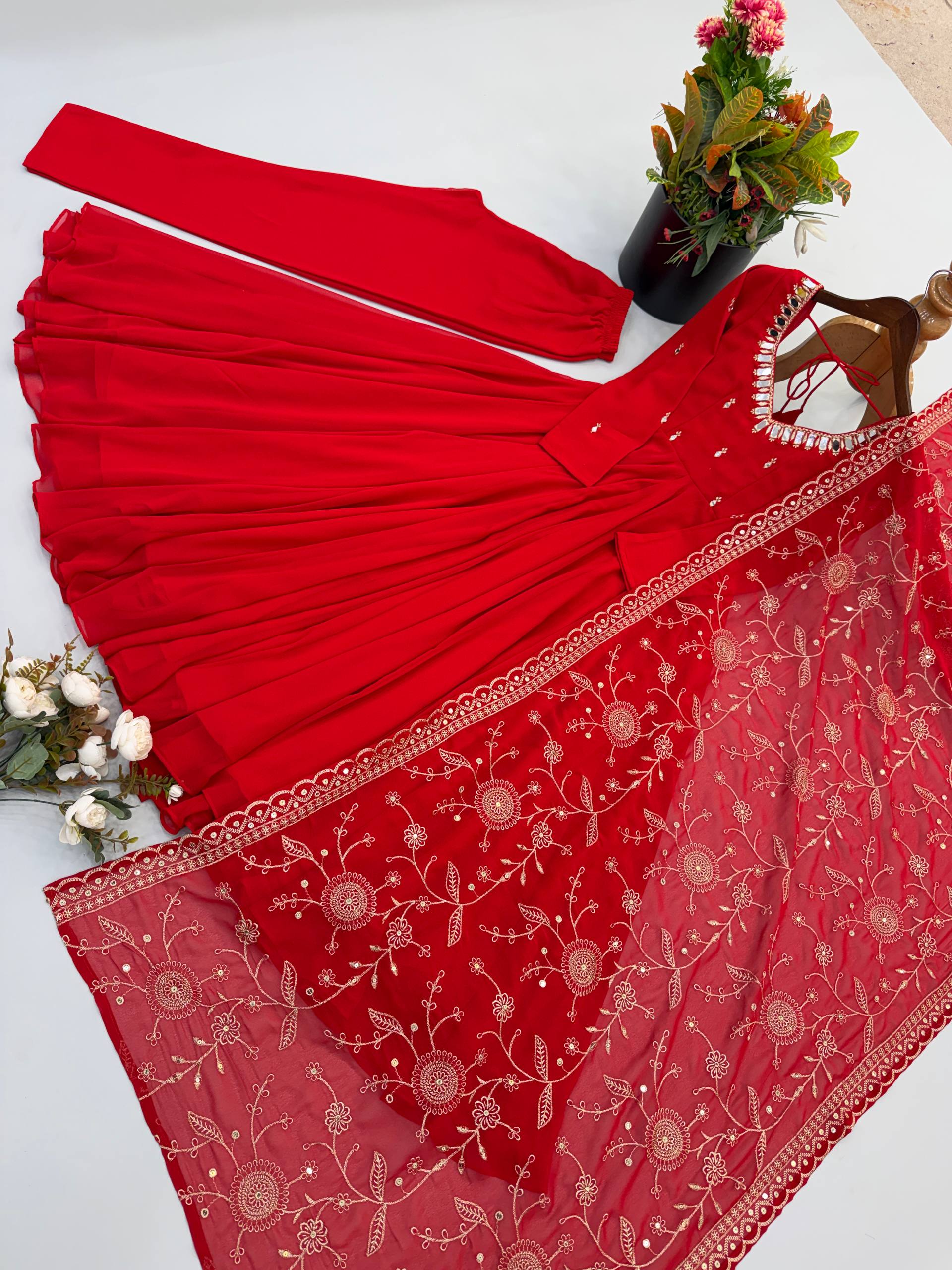 Mrunalini Faux Georgette Khatli Work Gown with Bottom & Embroidered Dupatta Set