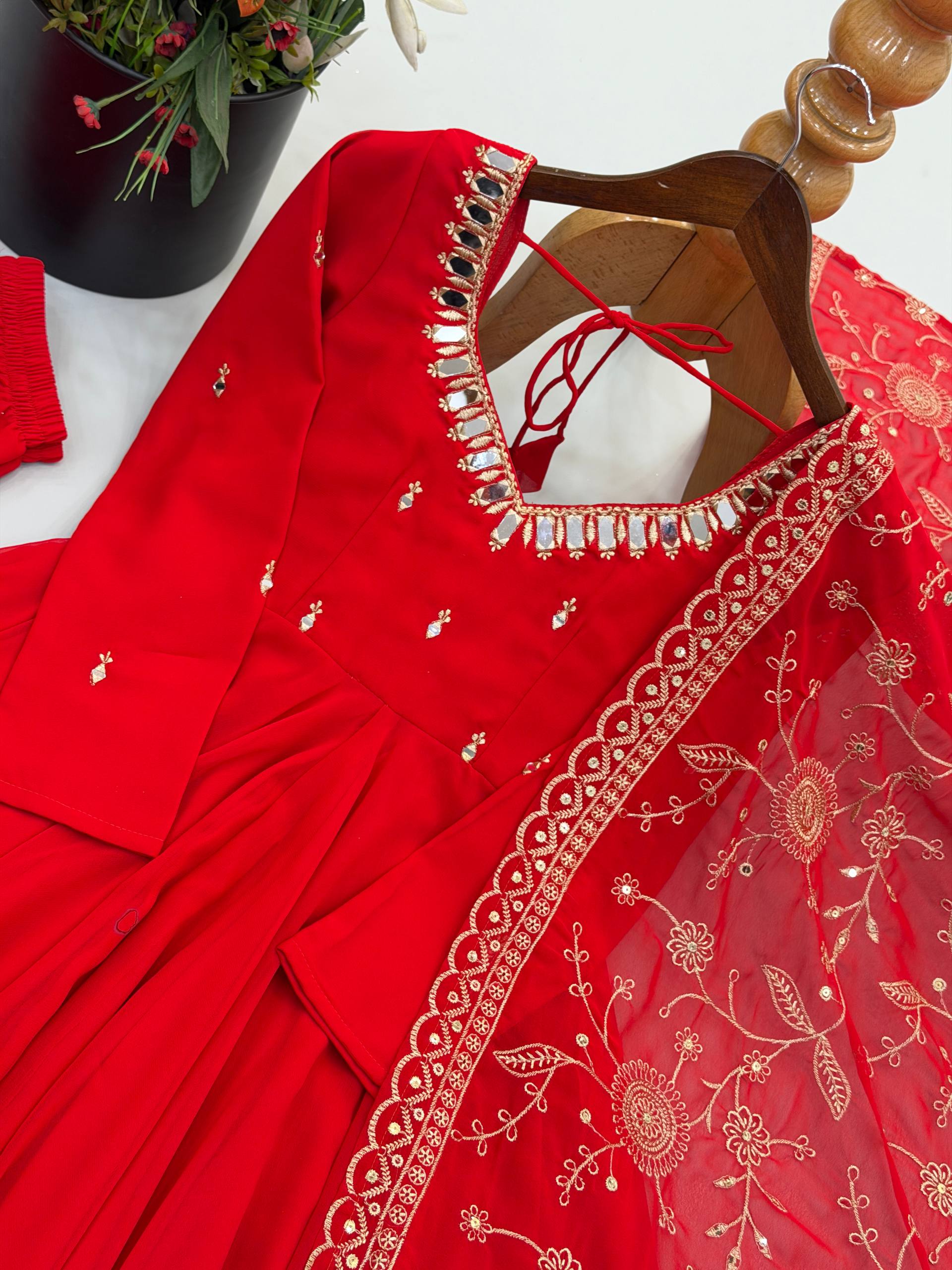 Mrunalini Faux Georgette Khatli Work Gown with Bottom & Embroidered Dupatta Set