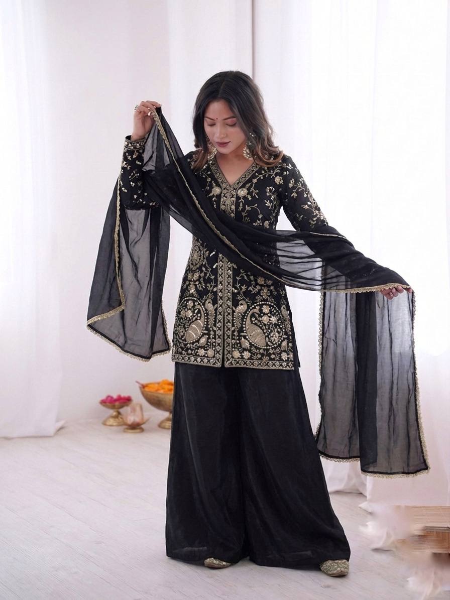 Pure Fendy Silk Palazzo Set with Heavy Embroidery Sequence Work