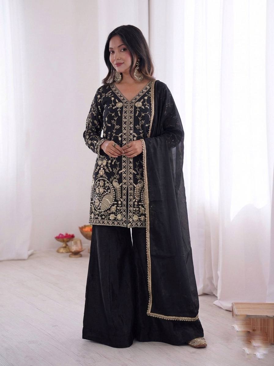 Pure Fendy Silk Palazzo Set with Heavy Embroidery Sequence Work