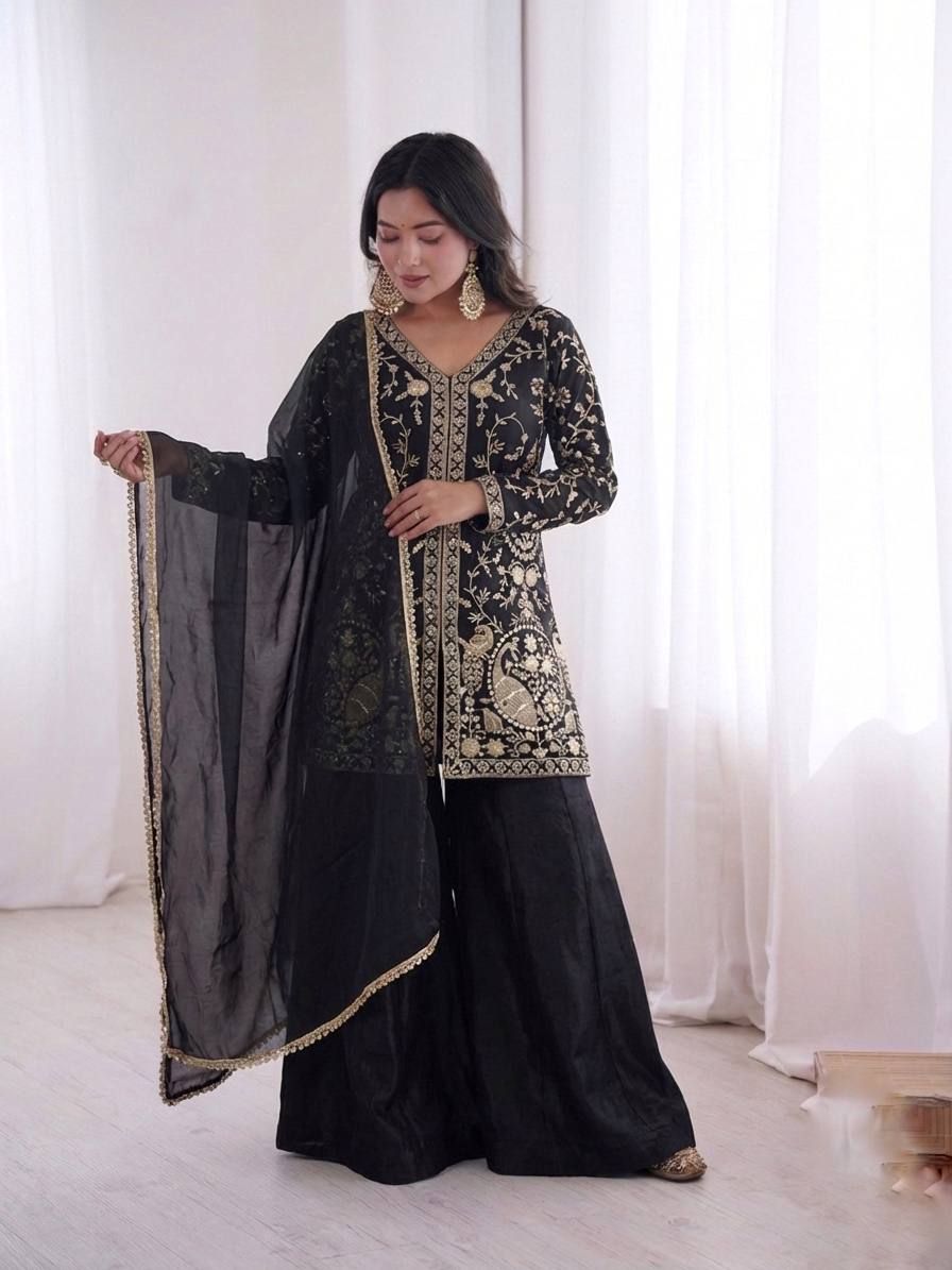 Pure Fendy Silk Palazzo Set with Heavy Embroidery Sequence Work