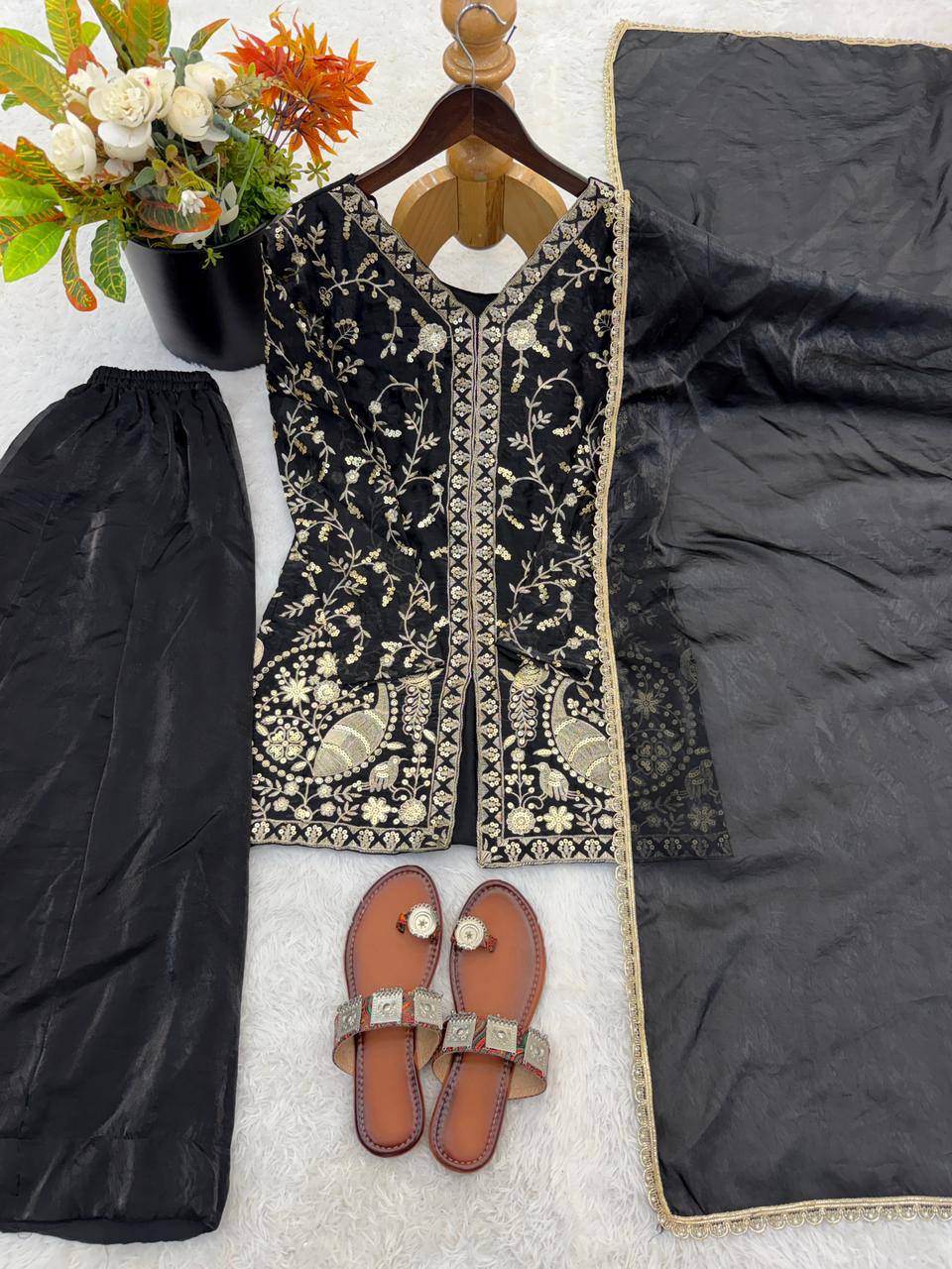 Pure Fendy Silk Palazzo Set with Heavy Embroidery Sequence Work