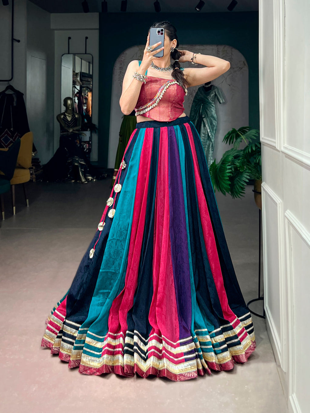Rangvaari Chinon Navratri Lehenga Choli with Zari Weaving Blouse