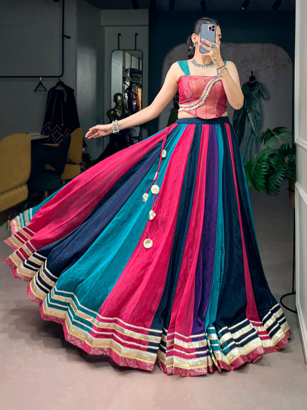 Rangvaari Chinon Navratri Lehenga Choli with Zari Weaving Blouse