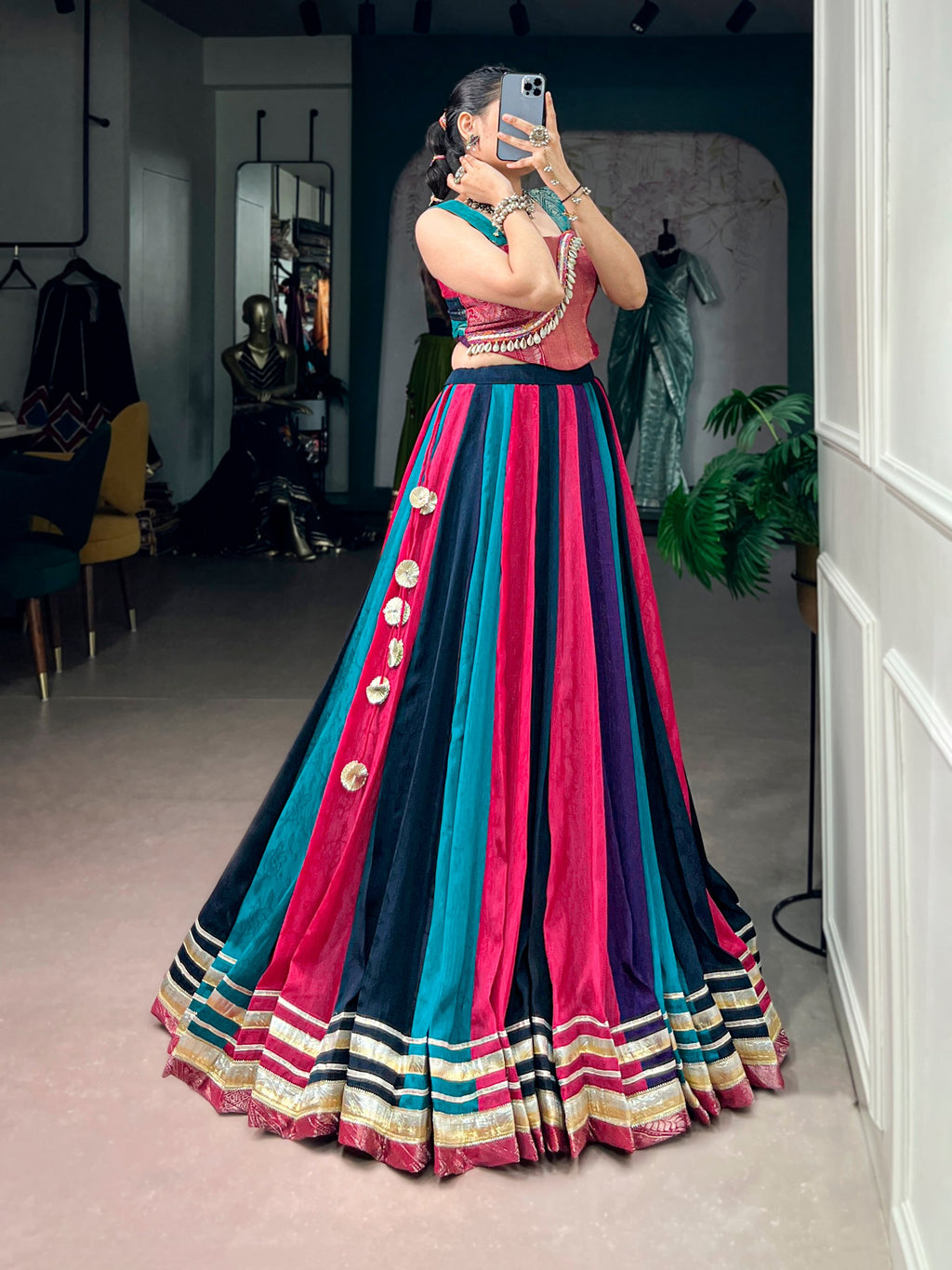 Rangvaari Chinon Navratri Lehenga Choli with Zari Weaving Blouse