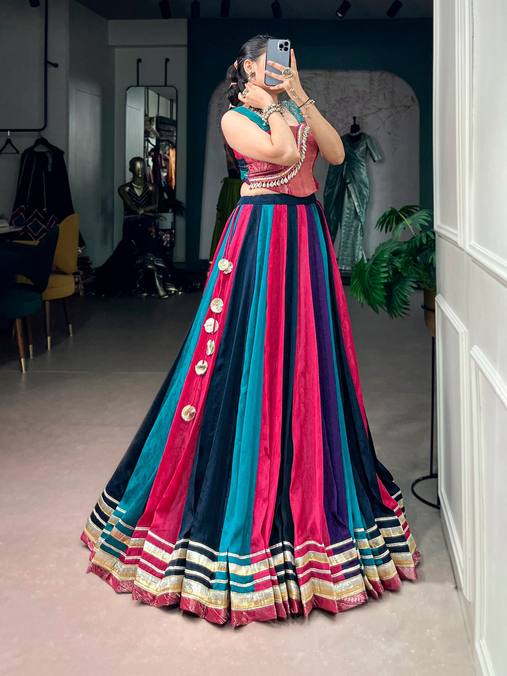 Rangvaari Chinon Navratri Lehenga Choli with Zari Weaving Blouse