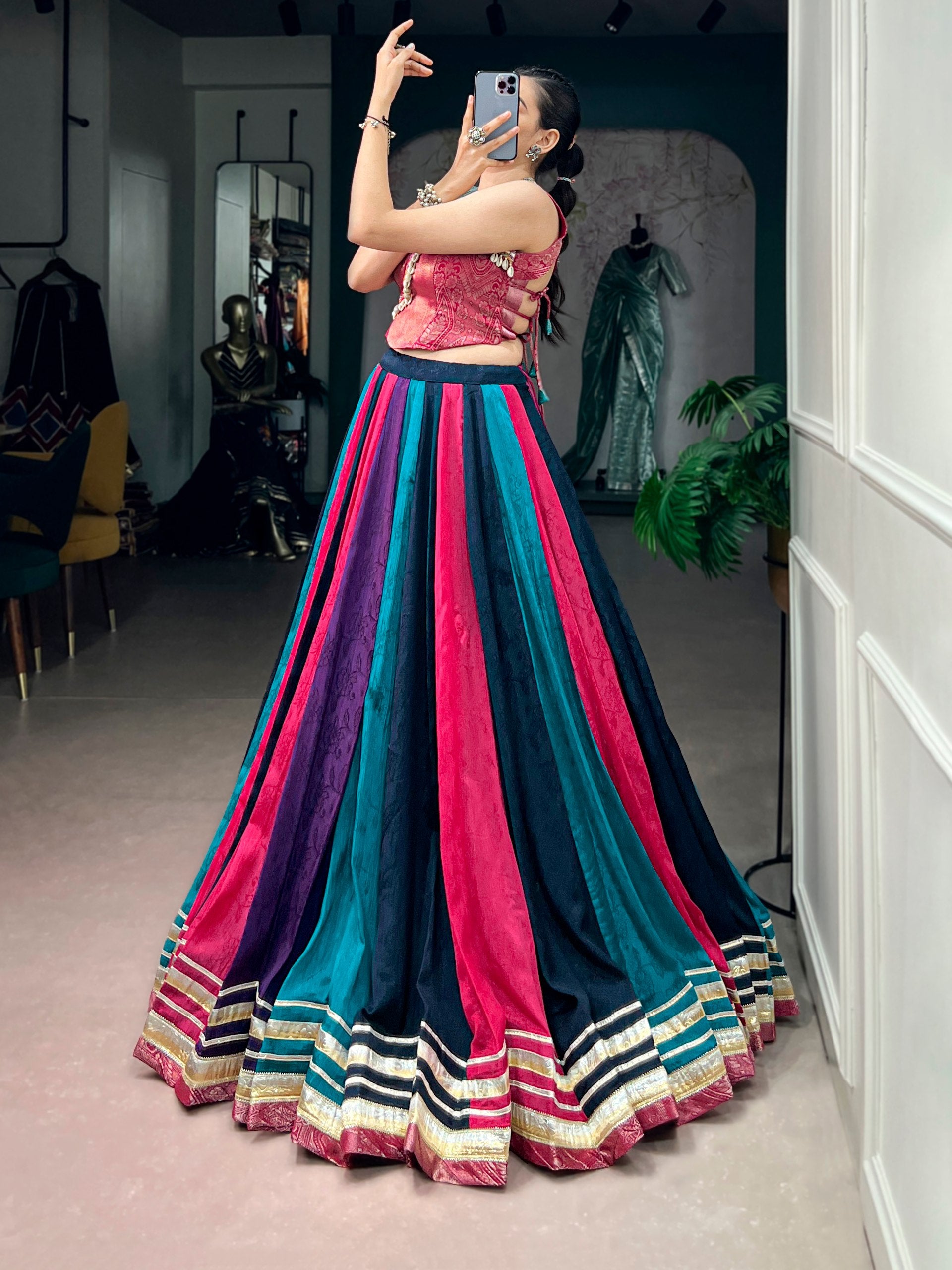 Rangvaari Chinon Navratri Lehenga Choli with Zari Weaving Blouse