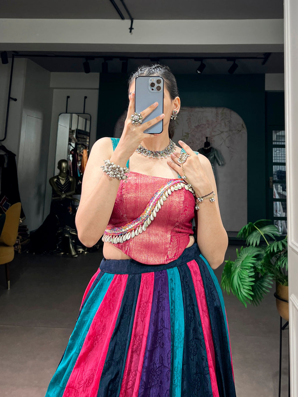 Rangvaari Chinon Navratri Lehenga Choli with Zari Weaving Blouse