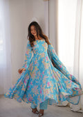 Meher Bloom Designer Printed Maslin Anarkali Gown Set with 4 Meter Flair, Pants and Lace Border Dupatta