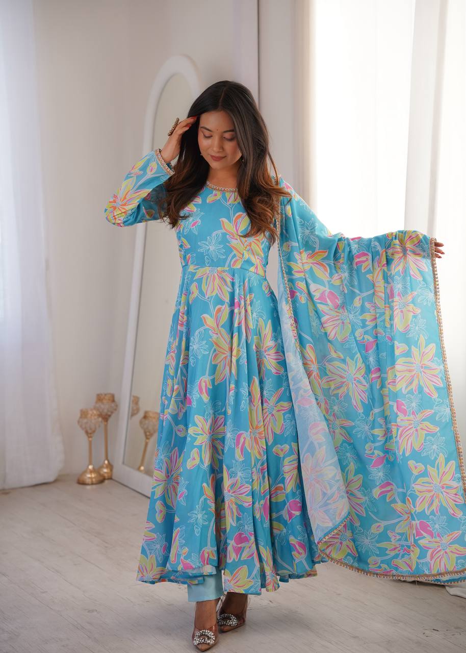 Meher Bloom Designer Printed Maslin Anarkali Gown Set with 4 Meter Flair, Pants and Lace Border Dupatta