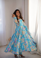 Meher Bloom Designer Printed Maslin Anarkali Gown Set with 4 Meter Flair, Pants and Lace Border Dupatta