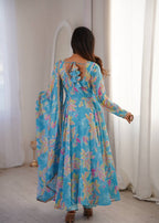 Meher Bloom Designer Printed Maslin Anarkali Gown Set with 4 Meter Flair, Pants and Lace Border Dupatta