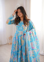 Meher Bloom Designer Printed Maslin Anarkali Gown Set with 4 Meter Flair, Pants and Lace Border Dupatta