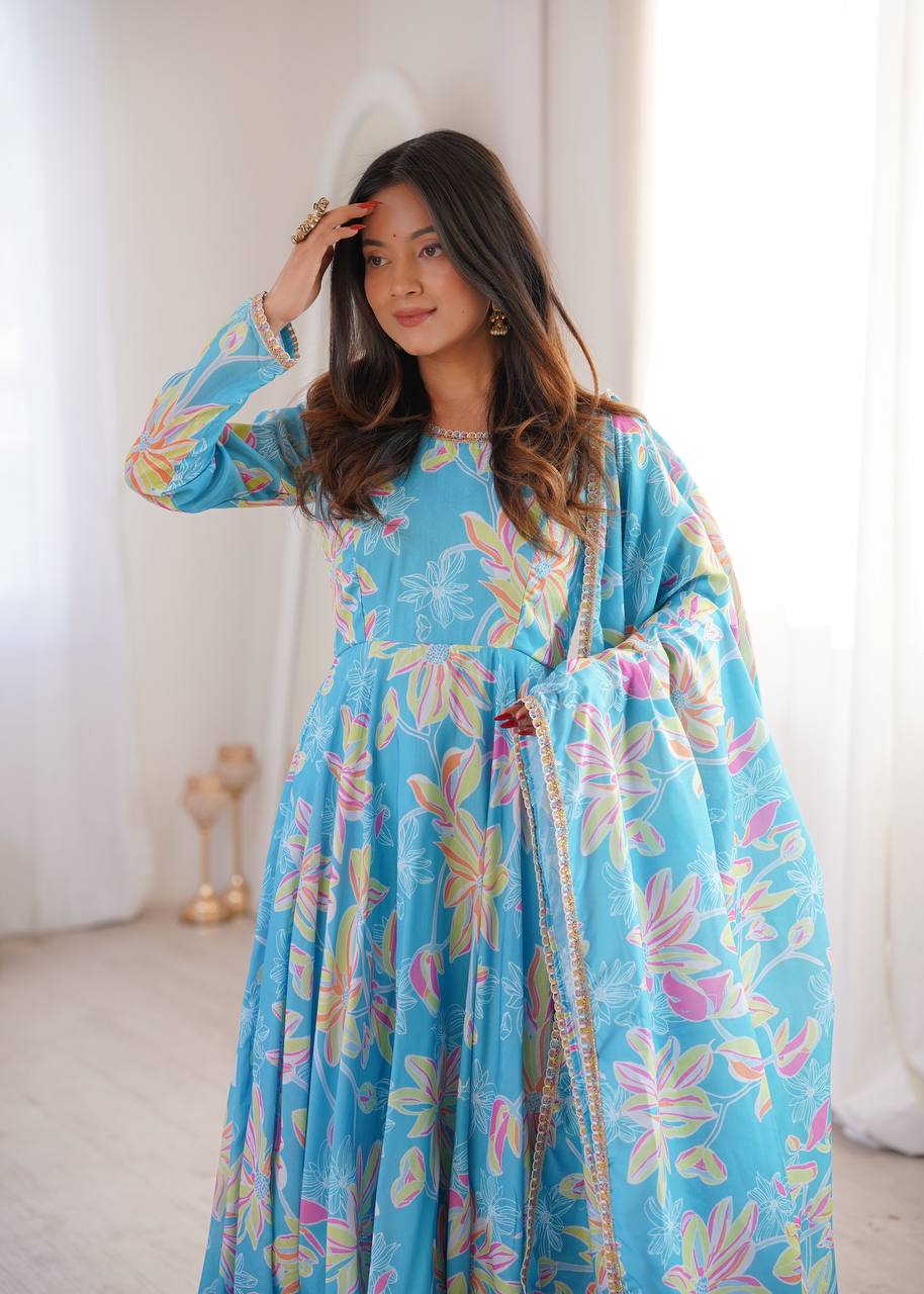 Meher Bloom Designer Printed Maslin Anarkali Gown Set with 4 Meter Flair, Pants and Lace Border Dupatta