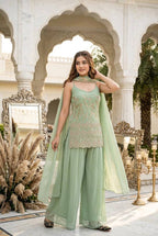 Yuvrika Faux Georgette Pearl & Sequins Embroidered Kurti Palazzo with Dupatta Set
