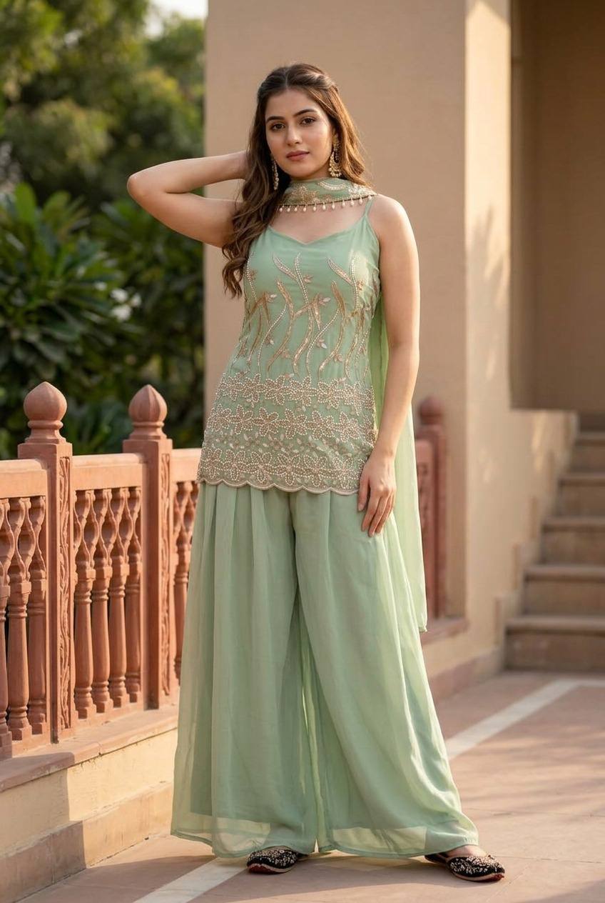 Yuvrika Faux Georgette Pearl & Sequins Embroidered Kurti Palazzo with Dupatta Set