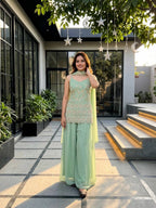Yuvrika Faux Georgette Pearl & Sequins Embroidered Kurti Palazzo with Dupatta Set