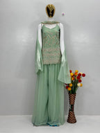 Yuvrika Faux Georgette Pearl & Sequins Embroidered Kurti Palazzo with Dupatta Set