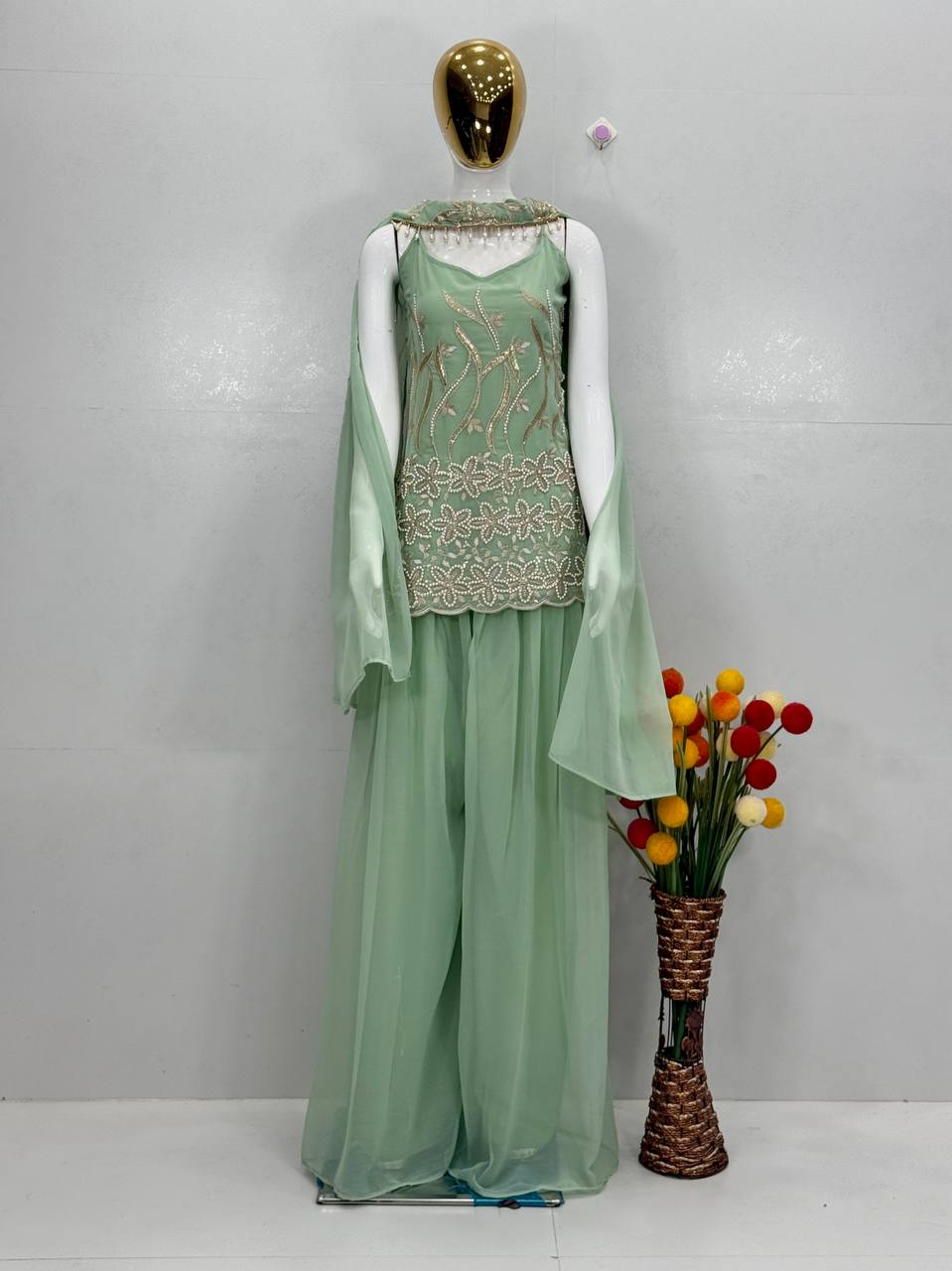 Yuvrika Faux Georgette Pearl & Sequins Embroidered Kurti Palazzo with Dupatta Set