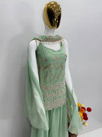 Yuvrika Faux Georgette Pearl & Sequins Embroidered Kurti Palazzo with Dupatta Set