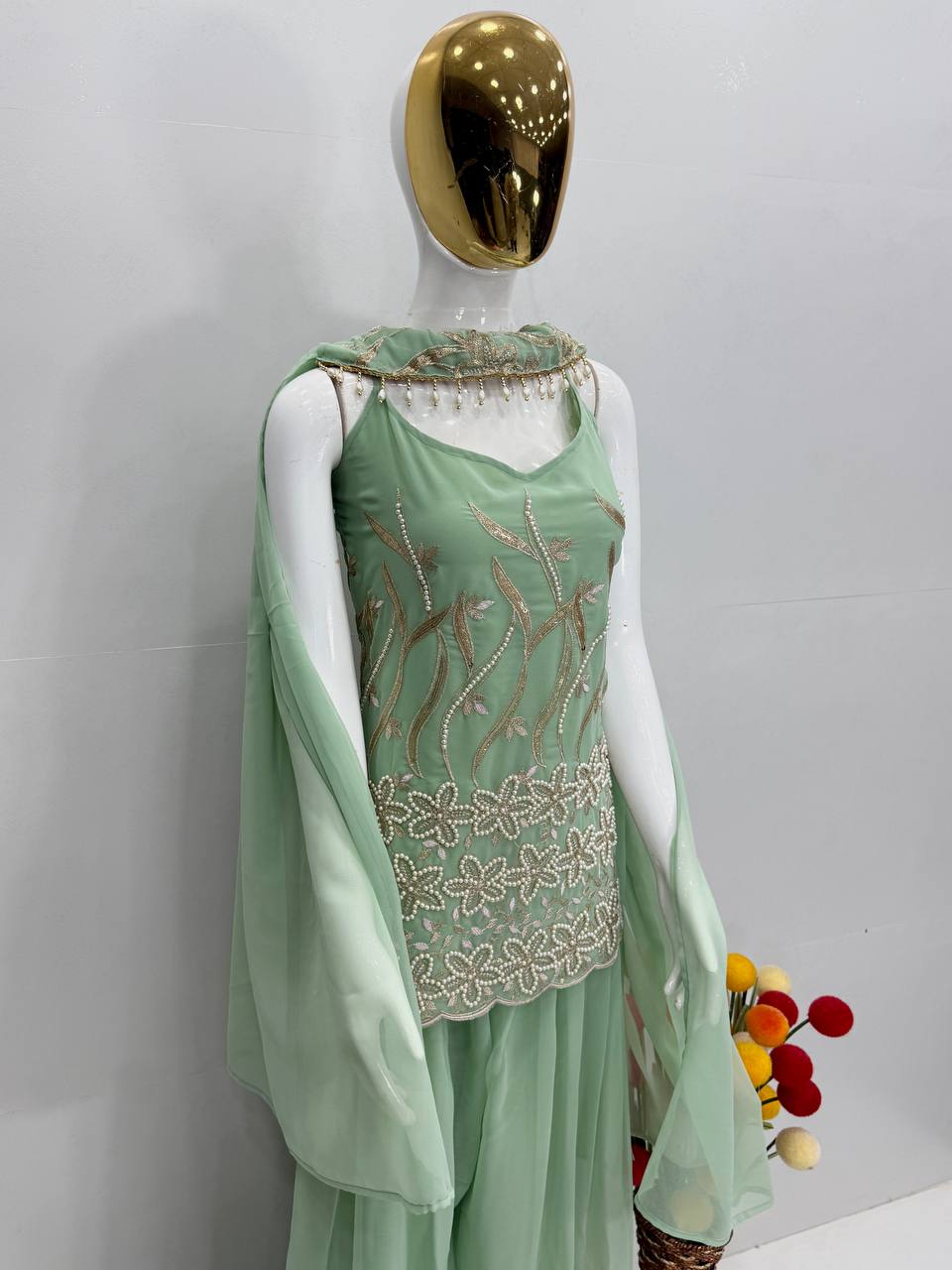 Yuvrika Faux Georgette Pearl & Sequins Embroidered Kurti Palazzo with Dupatta Set