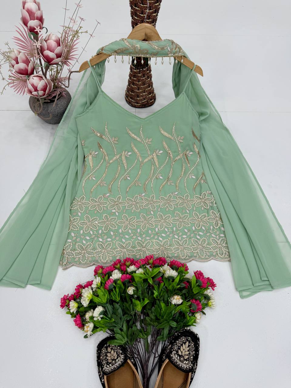 Yuvrika Faux Georgette Pearl & Sequins Embroidered Kurti Palazzo with Dupatta Set