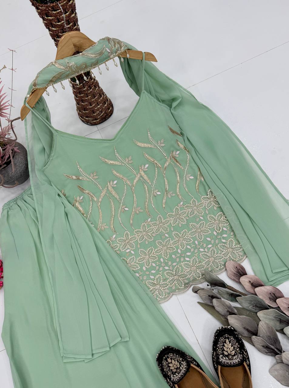 Yuvrika Faux Georgette Pearl & Sequins Embroidered Kurti Palazzo with Dupatta Set