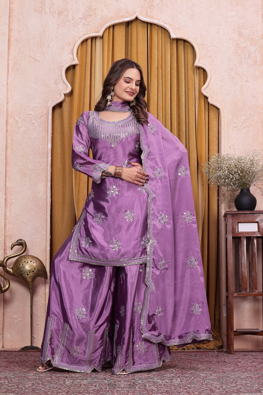 Myra Chinon Sequins Embroidered Sharara Suit with Dupatta