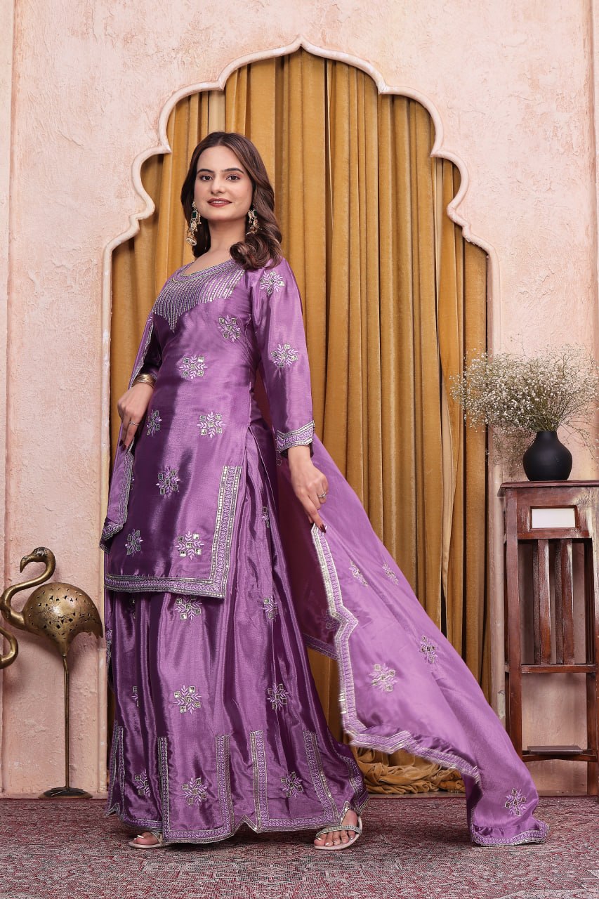 Noor Eliza Designer Chinon Sequins Embroidered Sharara Suit Set with Matching Embroidered Dupatta