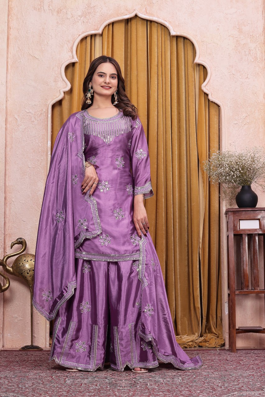 Noor Eliza Designer Chinon Sequins Embroidered Sharara Suit Set with Matching Embroidered Dupatta
