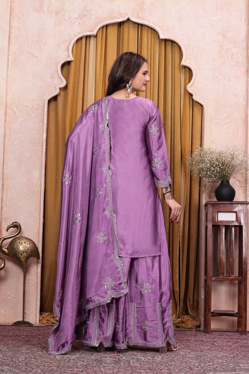Myra Chinon Sequins Embroidered Sharara Suit with Dupatta