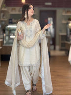 Aarunya Roman Glass Silk Rivet Moti Embroidered Farshi Palazzo Suit with Organza Dupatta