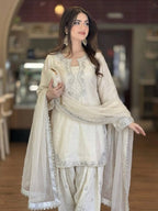 Aarunya Roman Glass Silk Rivet Moti Embroidered Farshi Palazzo Suit with Organza Dupatta