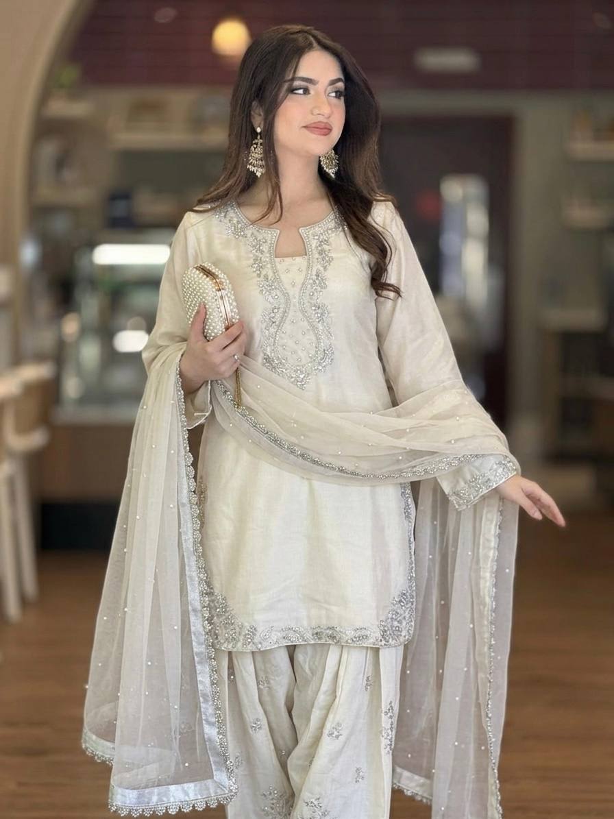 Aarunya Roman Glass Silk Rivet Moti Embroidered Farshi Palazzo Suit with Organza Dupatta