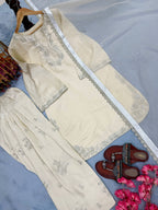 Aarunya Roman Glass Silk Rivet Moti Embroidered Farshi Palazzo Suit with Organza Dupatta