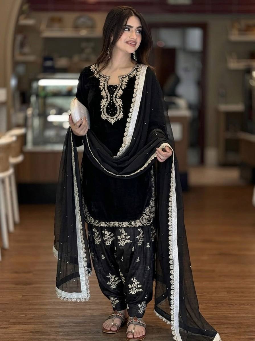 Aarunya Roman Glass Silk Rivet Moti Embroidered Farshi Palazzo Suit with Organza Dupatta
