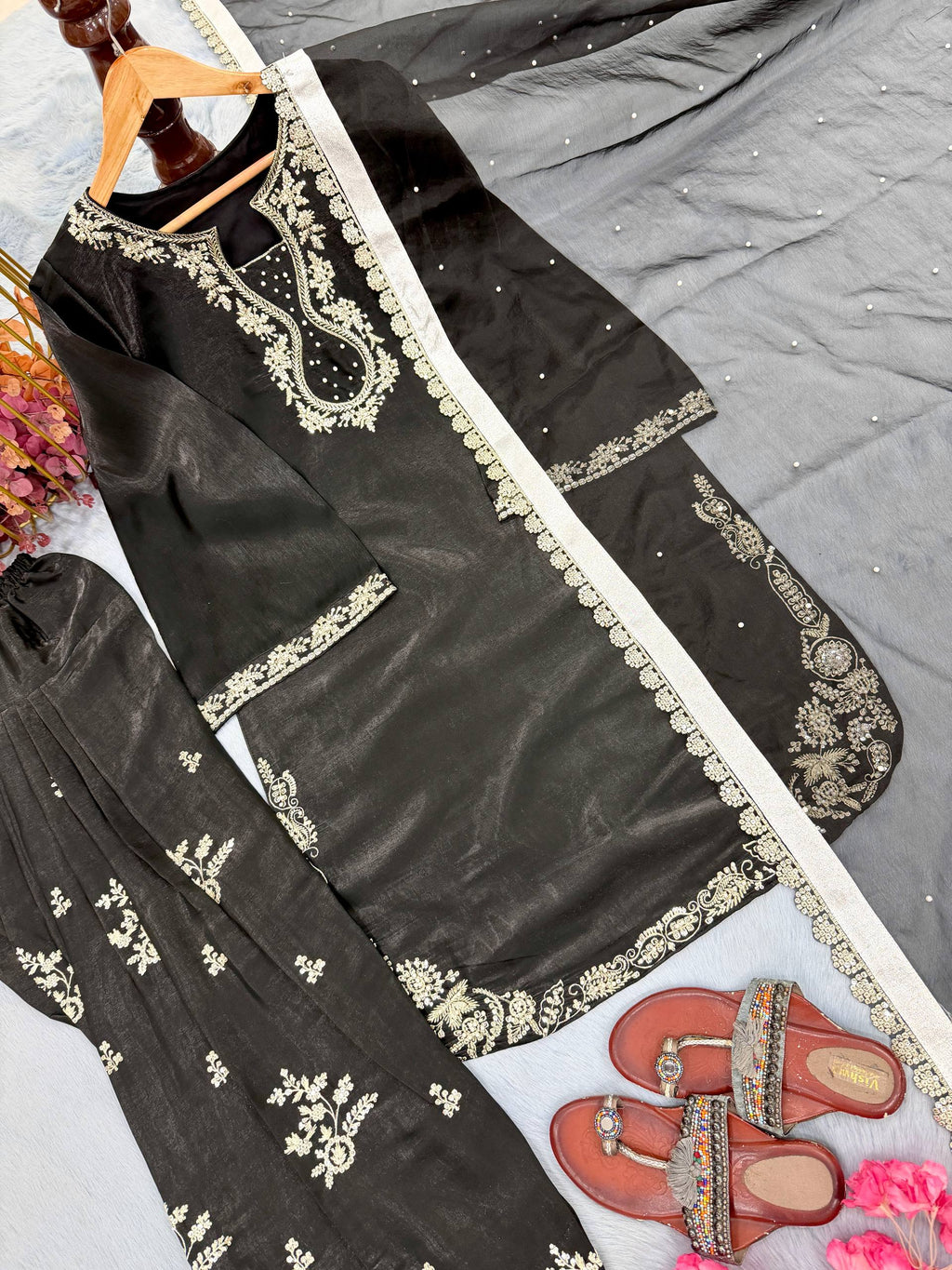 Aarunya Roman Glass Silk Rivet Moti Embroidered Farshi Palazzo Suit with Organza Dupatta