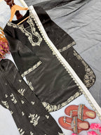 Aarunya Roman Glass Silk Rivet Moti Embroidered Farshi Palazzo Suit with Organza Dupatta